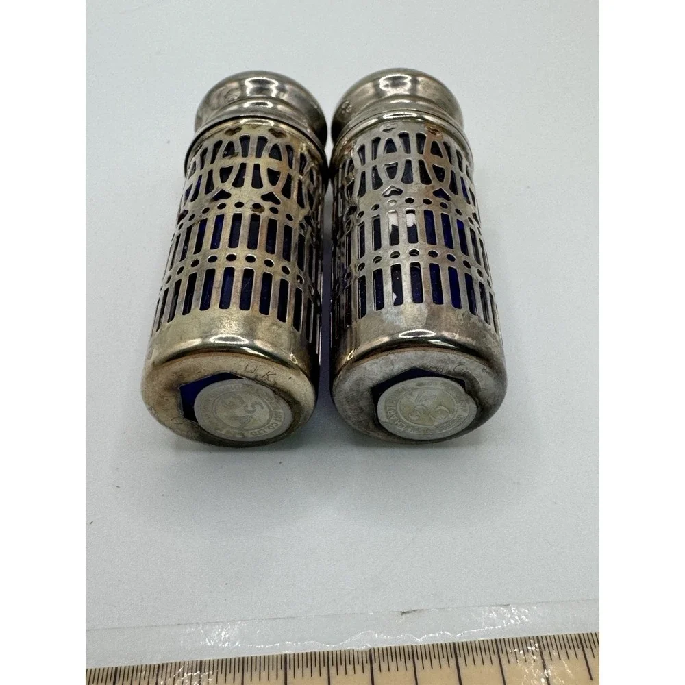 Vtg Silver Cobalt Blue Salt & Pepper Shakers Silver Plate Filigree UK Patent GSA